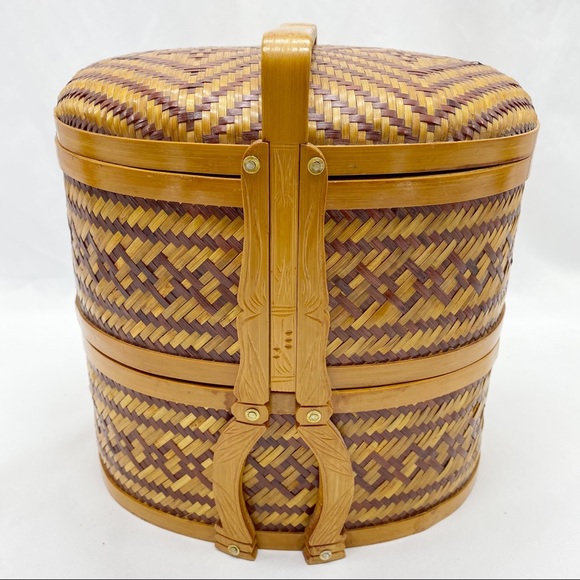 SOLD Vtg Asian Chinese 2 Tier Wedding Woven Basket